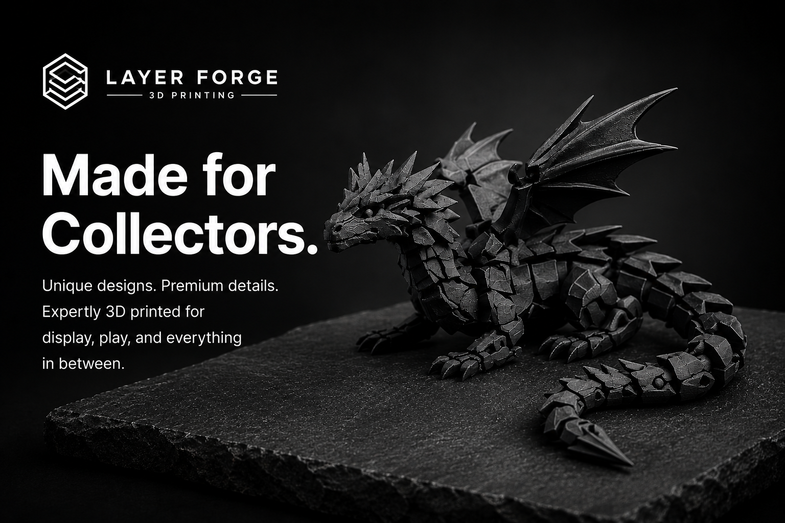 3D printed dragon model with Layer Forge branding and text about their products.