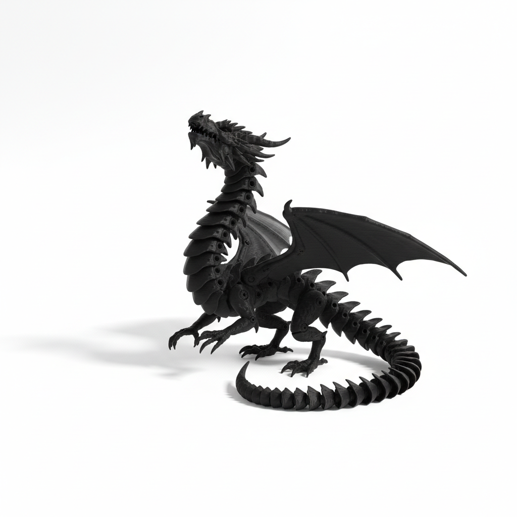 Full body solid black articulating 3D printed dragon figurine on white background