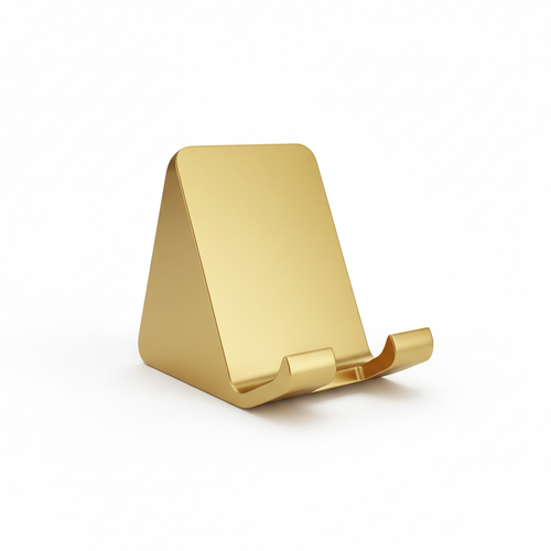 Solid gold 3D printed minimalist phone stand on white background