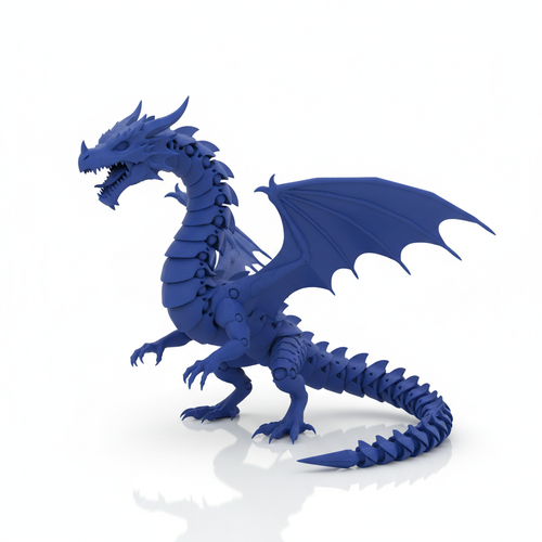Full body solid blue articulating 3D printed dragon figurine on white background