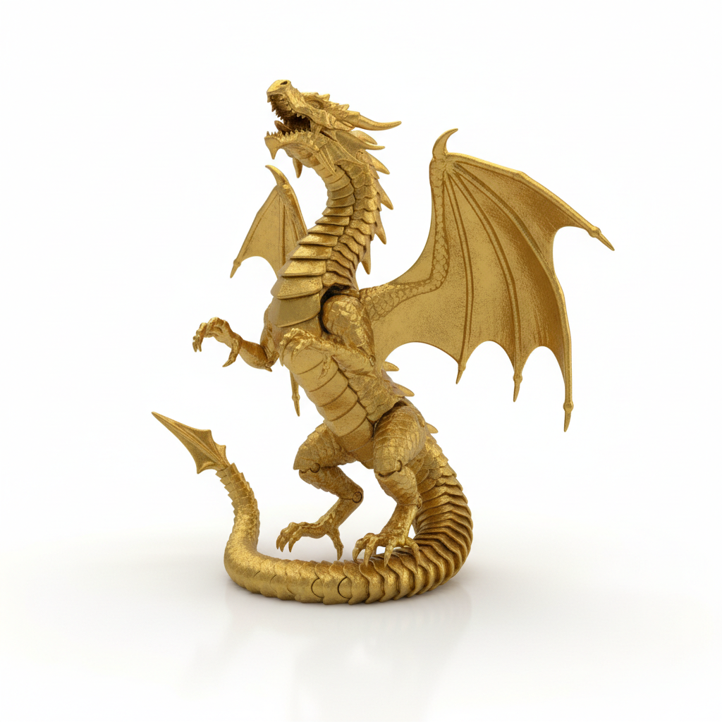 Full body solid gold articulating 3D printed dragon figurine on white background