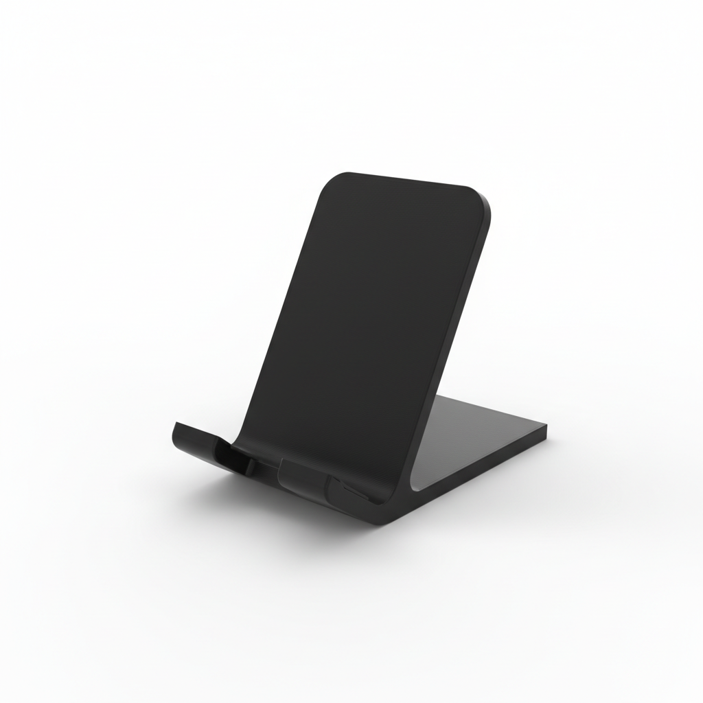 Solid black 3D printed minimalist phone stand on white background
