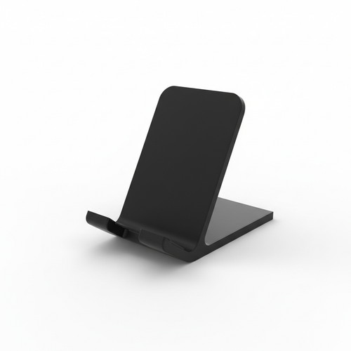 Solid black 3D printed minimalist phone stand on white background