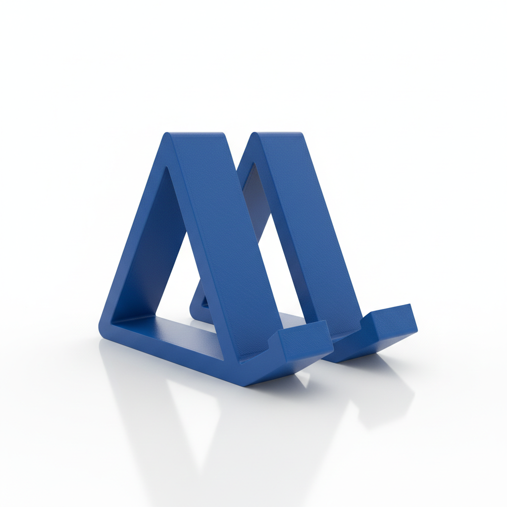 Solid blue 3D printed minimalist phone stand on white background