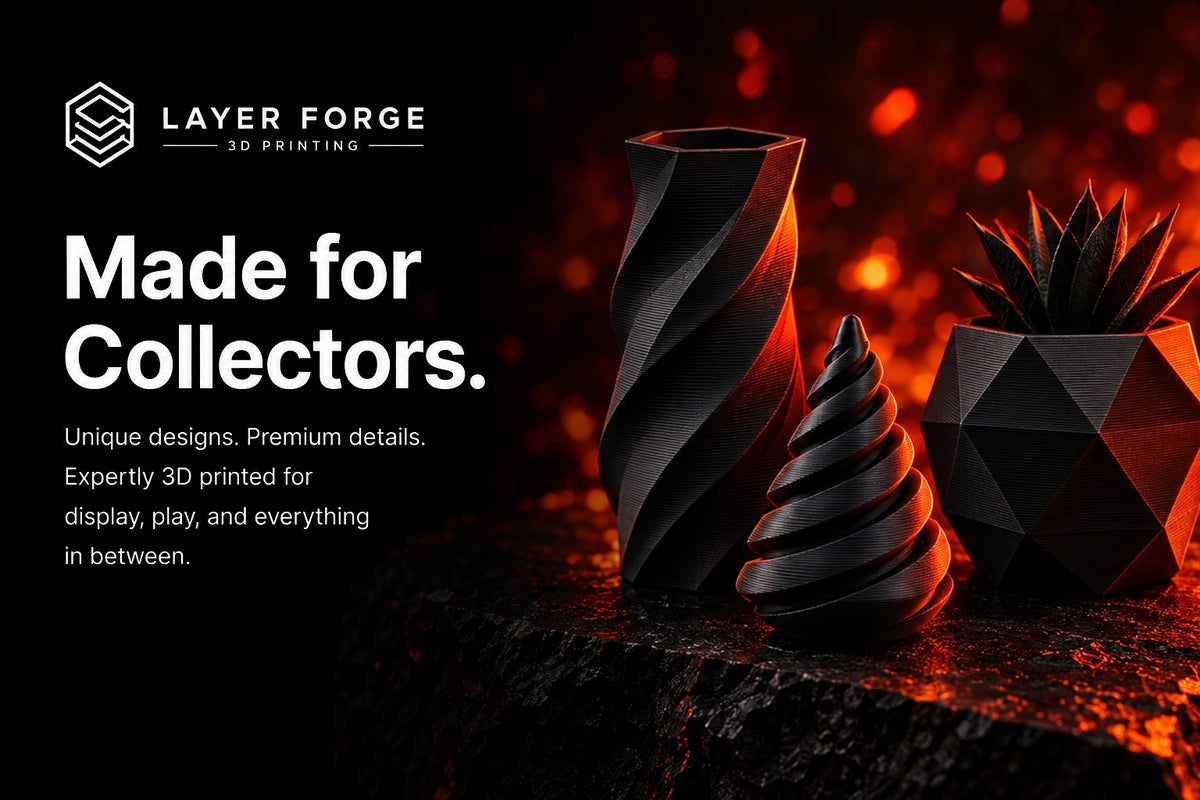 Black 3D printed vase, spiral cone and planter with red-orange glow
