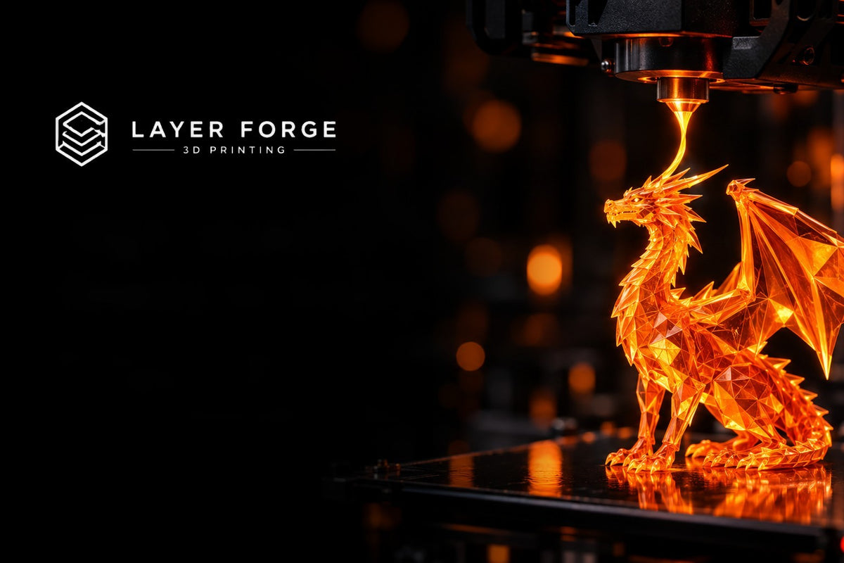 3D printer nozzle extruding glowing orange filament into a crystal dragon print